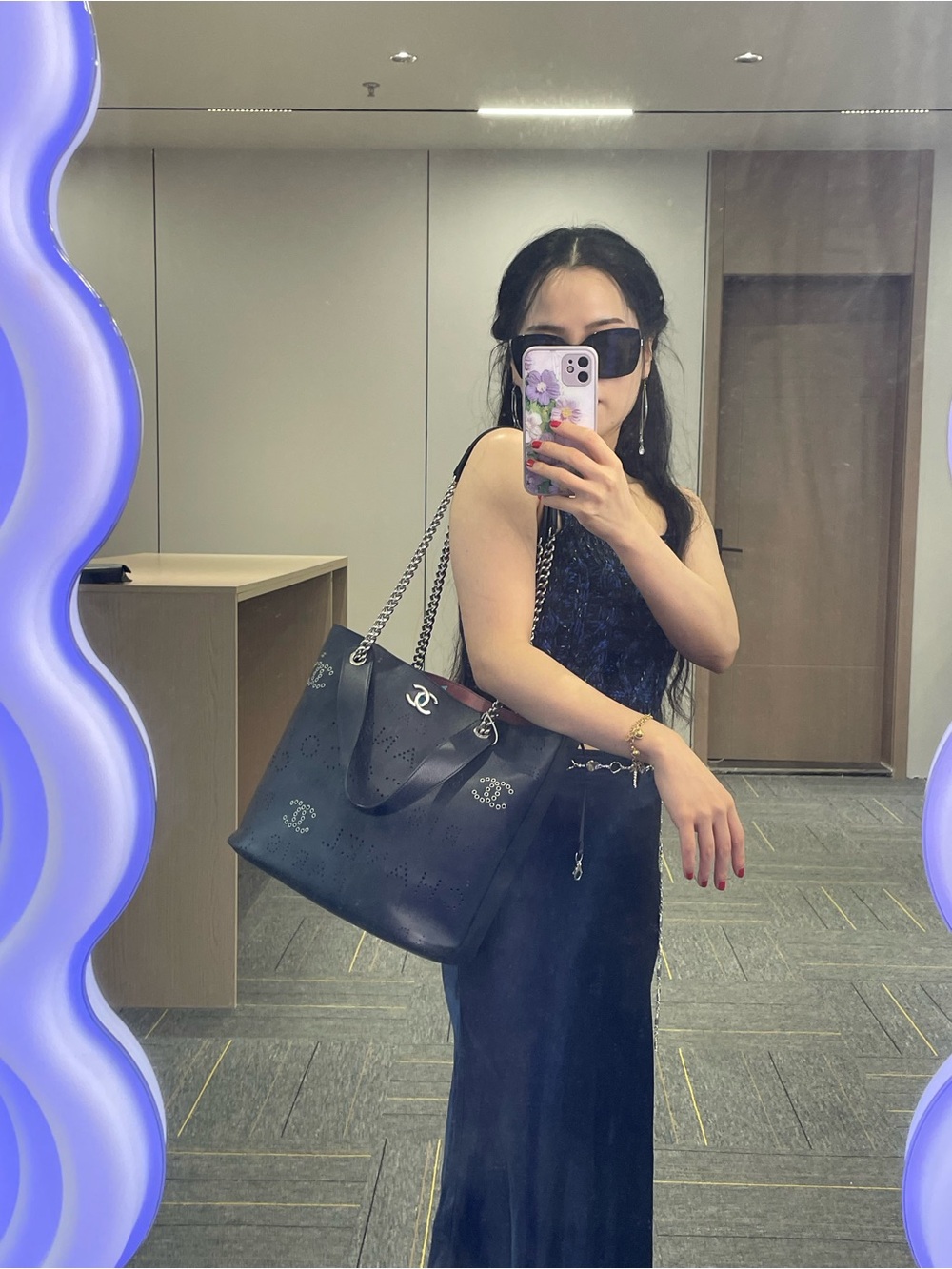 Chanel Perforated Logo Chain Tote in navy calfskin silver metal runway exclusive